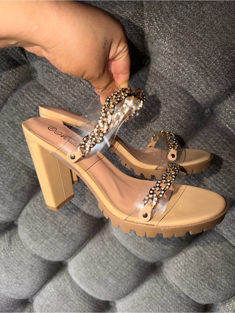Clear Strap Tan High-Heel Sandals with Rhinestone Chain